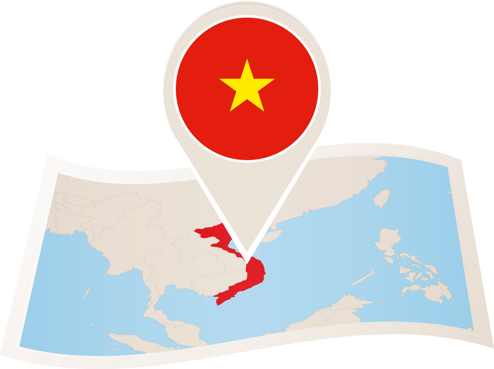 Folded paper map of Vietnam with flag pin of Vietnam.