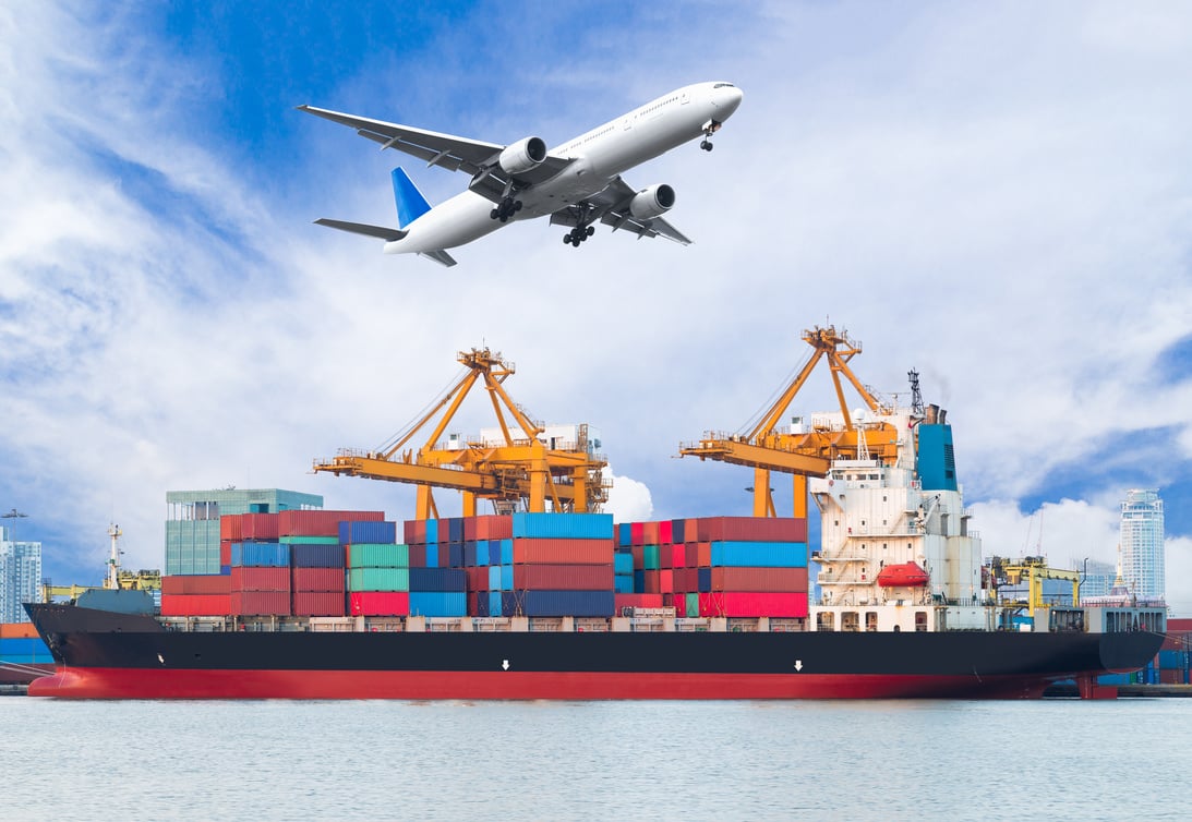 Cargo plane flying above ship port for logistic background